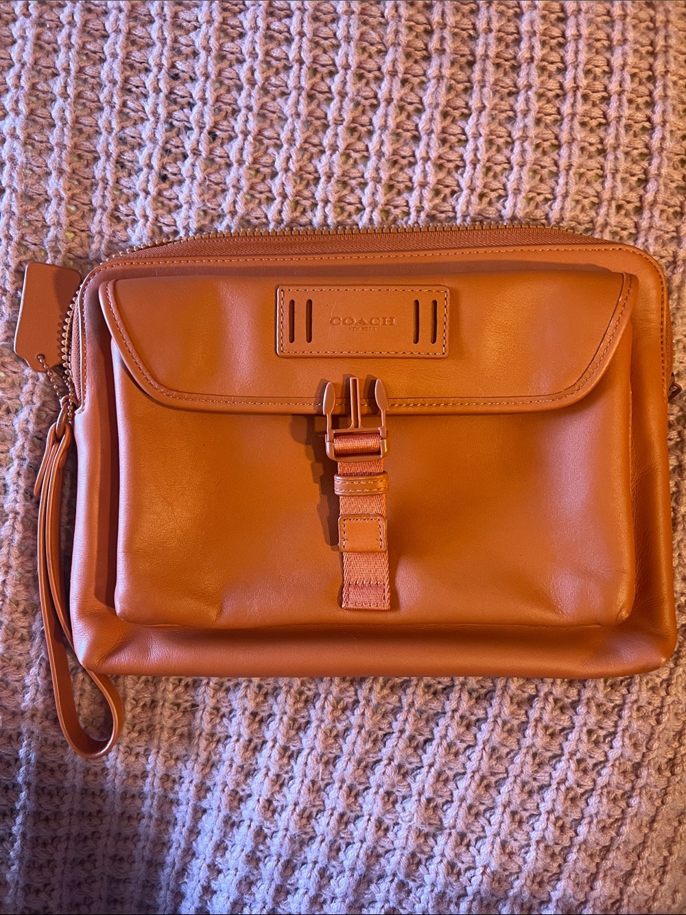 Coach women’s Leather Wristlet Clutch in Cognac Brown